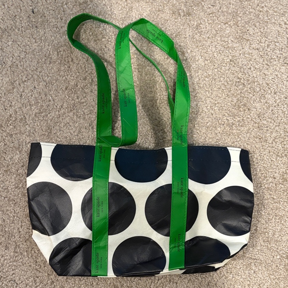 Kate Spade Black and White Polka Dot Tote with Green Straps
